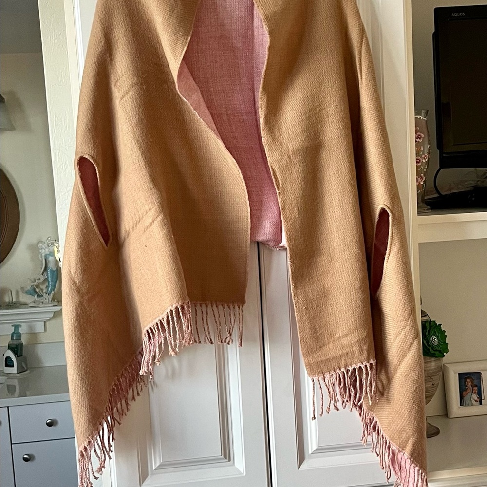 J. Crew Tan and Dusty Pink Reversible Fringe Wrap - Picture 2 of 11
